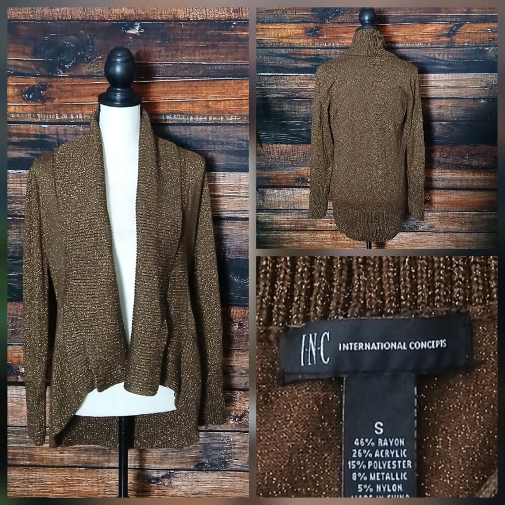 INC International Concepts Cardigan Sweater S Brown Metallic Sparkle Open Front